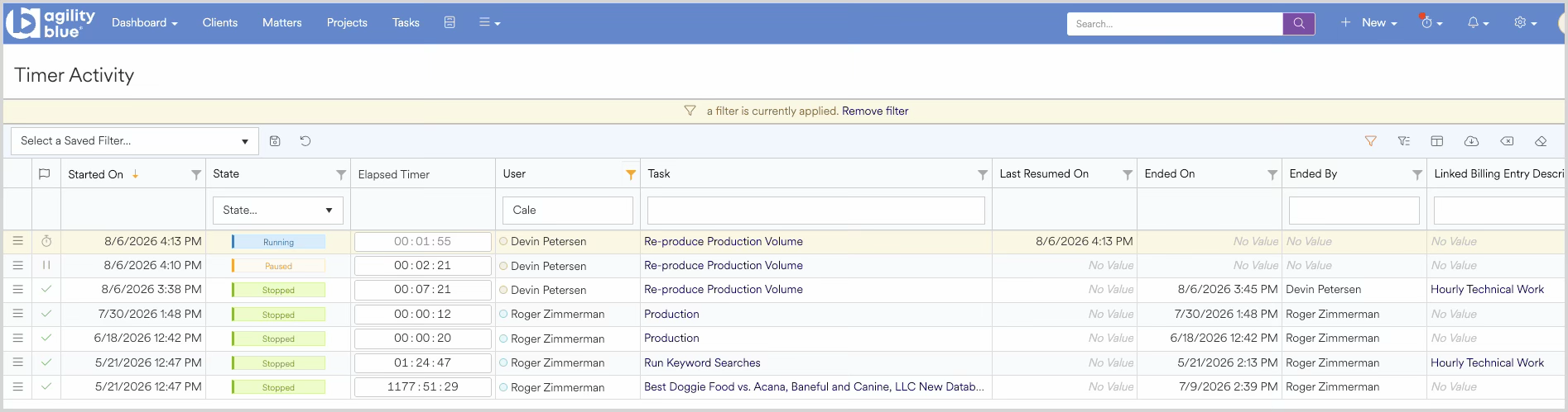 Timer activity log showing various tasks, users, and their elapsed times.